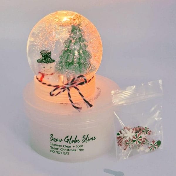 Snow Globe Slime is a two part slime. Part one includes a snow globe filled with clear slime. Part two, the Icee white slime and long-lasting light-up ball